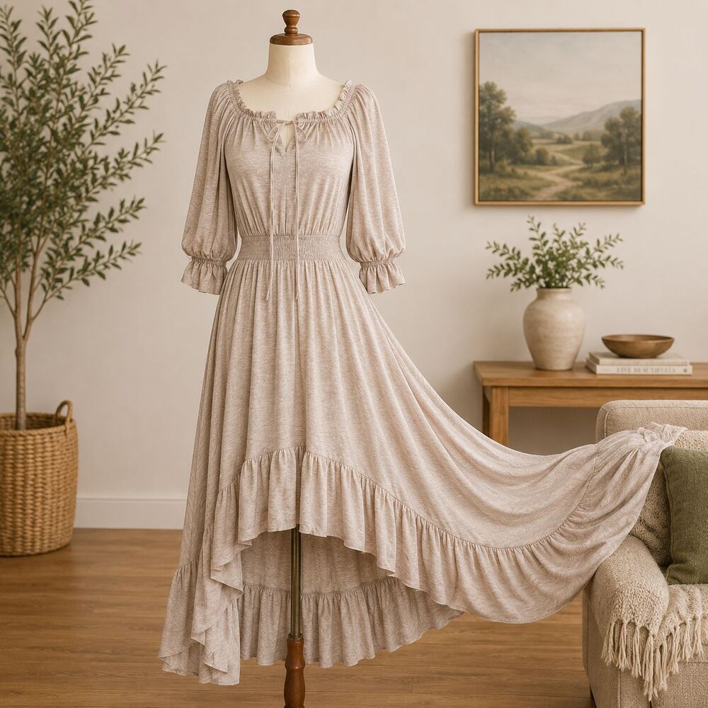 Joyfolie Womens XXS Taupe High Low Maxi Dress Smocked Waist Ruffle Boho